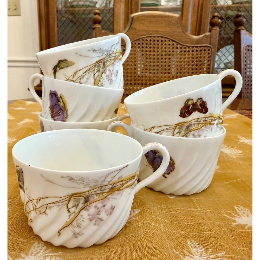 Antique Haviland Limoges Teacups, Meadow Visitors Butterfly Swirl Porcelain Set